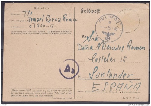 División Azul - FELDPOST Nº 07800-A, CIRCULADO A SANTANDER