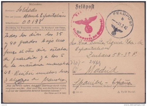 División Azul - FELDPOST Nº 00198, CIRCULADO A MADRID