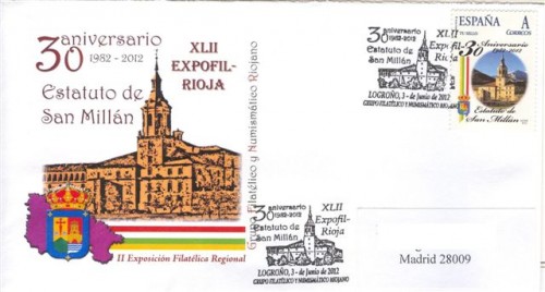 Logroño. 2012. XLII EXPOFIL-RIOJA. 30 Aniversario Estatuto de San Millán. Sobre. Baja.JPG
