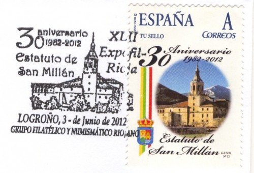 Logroño. 2012. XLII EXPOFIL-RIOJA. 30 Aniversario Estatuto de San Millán. Matasello.jpg