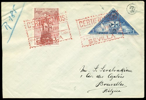 z1930 (1 OCT). SEVILLA-BRUSELAS. Franqueo con ERROR DE COLOR 1 pta. AZUL, mat especial CERTIFICADO COL en rojo. Llegadas. Rara y de LUJO..jpg
