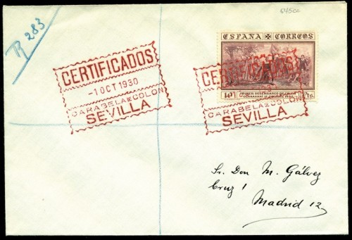 z1930 (1 OCT). SEVILLA-MADRID. Franqueo con ERROR DE COLOR 10pts., mat especial CERTIFICADO COL en rojo. Al dorso llegada. Preciosa y rara..jpg