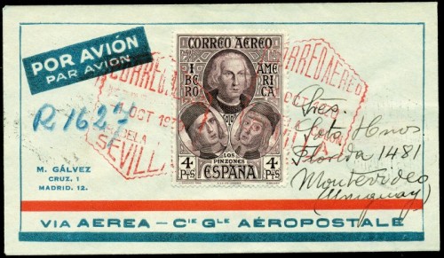 z1930 (1 OCT). SEVILLA-MONTEVIDEO. Conjunto de dos cartas Aerogramas de la AEROPOSTALE, franqueo de 4 pts., uno normal y otra ERROR DE COLOR VIOLETA, m.jpg