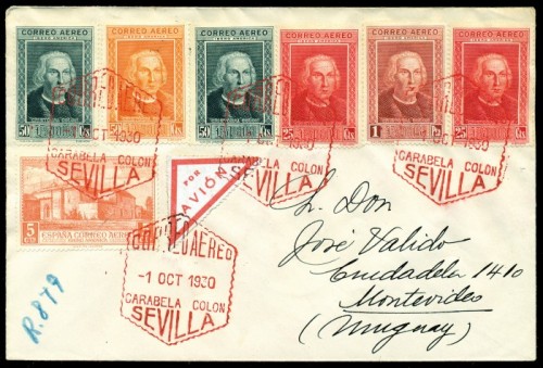 z1930 (1 OCT). SEVILLA-MONTEVIDEO. Precioso franqueo combinado con 6 sellos de COL, incluyendo el ERROR DE COLOR NARANJA del 50 cts. (junto al normal)  en carta certificada. Transitos y llegada..jpg