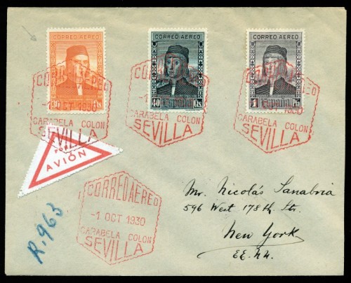 z1930 (1 OCT). SEVILLA-NUEVA YORK. Carta certiricada con ERROR DE COLOR NARANJA del 30cts., mat especial . Tansitos y llegada. Muy rara..jpg