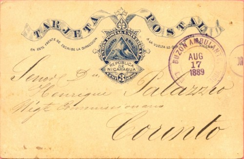 1889 NICARAGUA AMBULANTE TRAIN CACEL POSTAL CARD STATIONERY BUZON TO CORINTO Ok.jpg