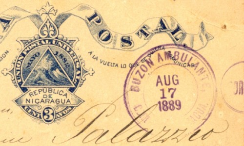1889 NICARAGUA AMBULANTE TRAIN CACEL POSTAL CARD STATIONERY BUZON TO CORINTO det.jpg