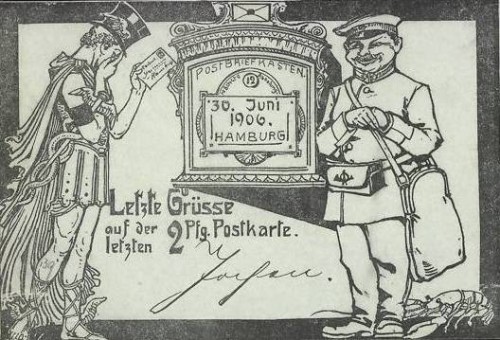 CPA Herr mit Zylinder wirft die letzte 2 Pfg. Postkarte in den Briefkasten, Ganzsache rec.jpg
