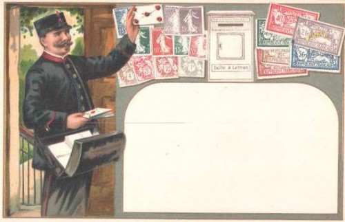 Lithographie BrieftrÀger mit Briefkasten, französische Briefmarken rec.jpg