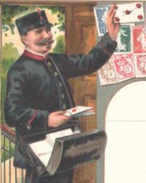 Lithographie BrieftrÀger mit Briefkasten, französische Briefmarken ok.jpg