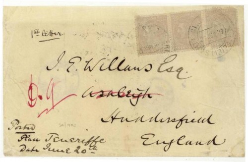 1889  TENERIFE  TO  HUDDERSFIELD  VIA  PLYMOUTH  SHIP  LETTER + LONDON .  OPENED  OUT  FOR  DISPLAY + FLAP  TRIMMED anv.jpg