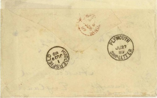 1889  TENERIFE  TO  HUDDERSFIELD  VIA  PLYMOUTH  SHIP  LETTER + LONDON .  OPENED  OUT  FOR  DISPLAY + FLAP  TRIMMED rev.jpg