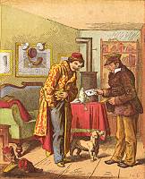Paying for letter delivery, c1870. A postman waits while a young man delves in his pocket for money to pay for his letter. In Britain payment for mail was made by the addressee until the introduction in 1840 of Rowland Hill's system of pre-payment by the purchase of adhesive stamps. In Germany this did not happen until after the creation of the German Empire in 1871.