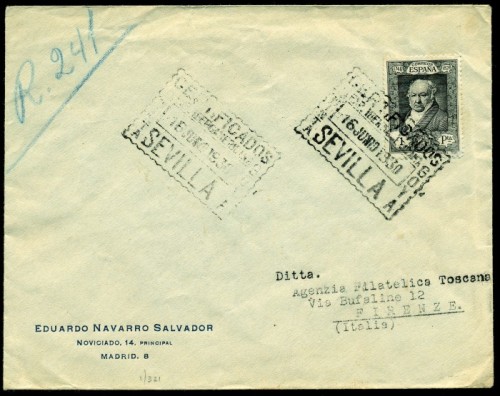 z1930 (16 JUN). SEVILLA-FIRENZE. Matº especial de certificado. Al dorso tránsitos y llegada. Rara..jpg