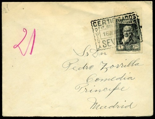 z1930 (16 JUN). SEVILLA-MADRID. Raro franqueo con 1pta. SIN DENTAR borde de hoja, matº especial certificado. Al dorso llegada. Muy raro..jpg