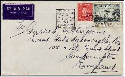 3d Air Plane Over Bush and 2d KGVI 1938 Sydney, N.S.W. Aust. Posted in Pillar Box Airmail to England. Crease Ok.jpg