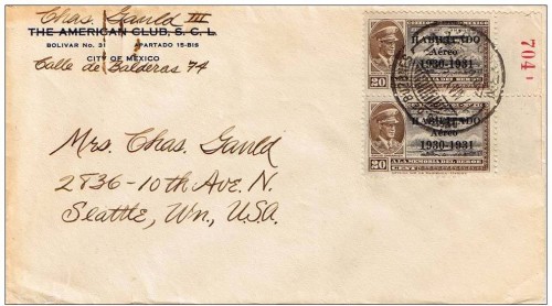 20c Capt. Emilio Carranza and Mexico Excelsior Overprinted Habilitado Aereo 1930-1931 (2) 1932 Depto. de Buzones Ok.jpg