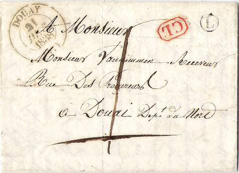 1838:<br />This letter was put in the mailbox of  RECOURT located in the Pas de Calais (letter stamp L) to DOUAI (Nord). It could happened that a village located in a Departement was depending on a post office located in another Departement.  The CL stamp  (Local Delivery) shows that this letter was circulating within the same rural sub-district.