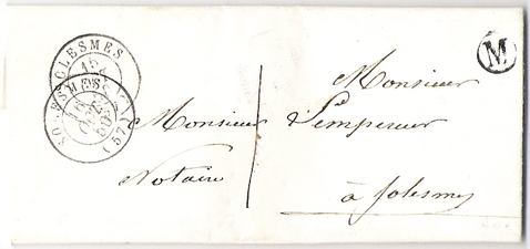 1850:<br />Letter put in the mailbox of  SOMMAING (letter stamp M) to SOLESMES. This letter was carried back to the post office on October 15 1850 and was delivered on the 16th.