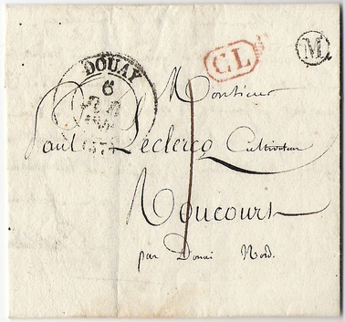 1840:<br />This letter was put on the mailbox of  ETERPIGNY (Pas de Calais) to ROUCOURT (Nord). These too villages  were depending on the post office of DOUAI. The CL stamp shows that this letter was circulated within the same rural sub-district.