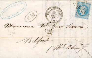 Lettre d' Hérimoncourt pour Belfort Cachet boite mobile BM dans un ovaleCachet à date type 22 d' Hérimoncourt du 19 decembre 1868<br /><br /> <br /><br />Cachet boite mobile BM dans un ovale<br /><br /> <br /><br />Cachet à date type 22 d' Hérimoncourt du<br /><br />19 Décembre 1868