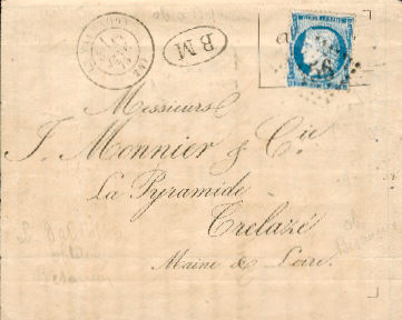 Lettre du Valdahon pour Trelazé (Maine-et-Loire)Cachet boite mobile BM dans un ovale Cachet à date type 17 du Valdahon du 14 Janvier 1875