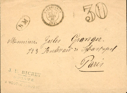 Enveloppe de Mouthe(J U Bichet Huissier) pour Paris Cachet boite mobile BM dans un ovaleCachet à date type 24 de Malbuisson du<br />22 juin 1882