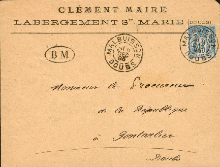 Lettre de Labergement St Marie pour Pontarlier Cachet boite mobile BM dans un ovale Cachet à date type A2 de Malbuisson     du 9 Décembre 1895 sur timbre type Sage 15c bleu