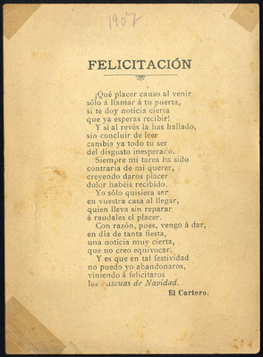 Felicitación del Cartero - 1907 Tarjeta Postal, dorso