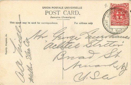 37. Coolies Washing Jamaica Divided Back Postcard 1911 Street Letter Box Cancel rev.jpg