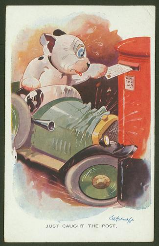 Bonzo Dog Just Caught The Post - Humorous 1931 Letter Box Postcard by G Studdy.jpg