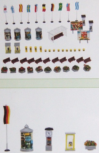 Faller 272573 N Stadtdekoration, Fahnen, Blumenkübel, Telefonzelle, Briefkasten.jpg