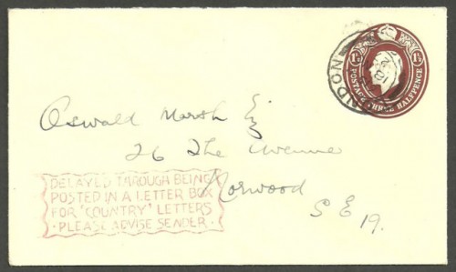GEORGE V 11-2D ENV RED BOXED DELAYED THROUGH BEING POSTED IN A LETTER BOX ETC.jpg