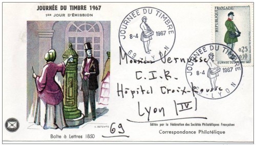 1967 MARCOPHILIE + FDC SOIE  BOITE AUX LETTRES 1830  JOURNEE DU TIMBRE EMISSION 1er JOUR 69-LYON 8-4-1967 Ok.jpg