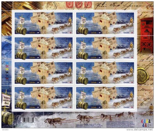2011 Canada stamp on stamp, Queen Victoria, sled dog, barrel (ponchon), old mail box full sheet MNH.jpg