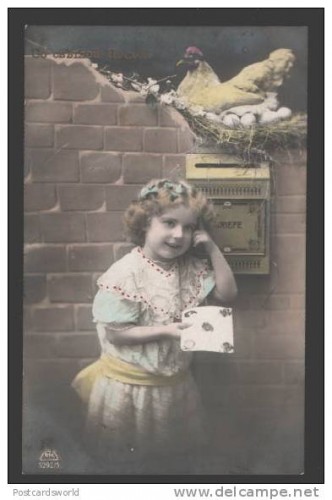 115842 EASTER Girl w Letter Mail-Box Vintage PHOTO tinted PC.jpg