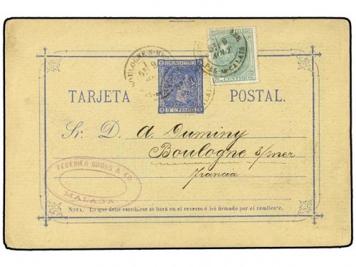 ENTEROS POSTALES. Ed. 8. 1879. MALAGA a BOULOGNE. Entero Postal de 5 cts. azul con franqueo complementario de 5 cts. verde. Matasellado a la llegada BOULOGNE S.MER PAS DE CALAIS. Magnífico y muy.jpg