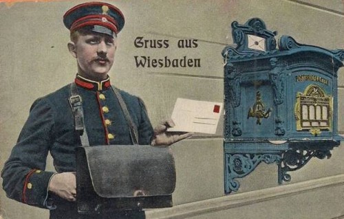 Allemagne - Très Jolie CPA à système - Gruss aus WIESBADEN (Facteur, boîte aux lettres, 10 petites vues) Ok.jpg