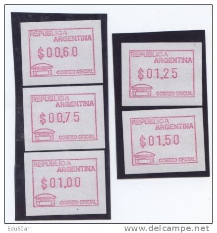 ARGENTINA, briefkasten, buzones, letter mailboxes, fine rare ATM FRAMA set, Flores branch, 5 values, year 1999.jpg