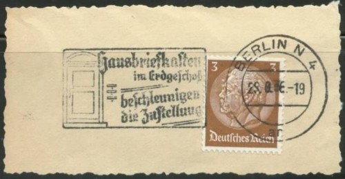 Artikelbeschreibung  Item description 14809 DR Briefstück Werbestpl.Briefkasten Berlin RR Perfin Lochung 1936 Ok.jpg