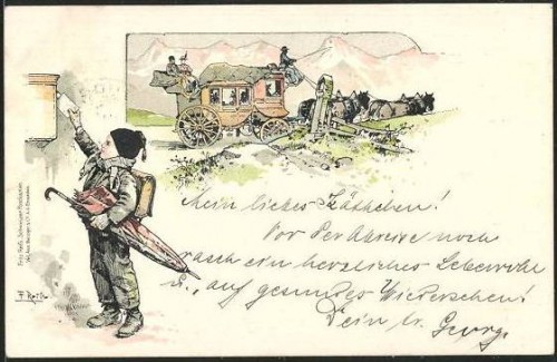 Artiste-CPA Fritz Reiss Kind wirft einen Brief in den Briefkasten, Postkutsche Ok.jpg