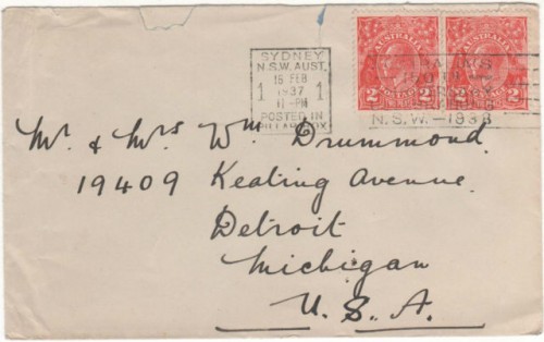 Australia 1937 with 2X2d KGV stamps posted in pillar box-150th Anniv.celebration.jpg