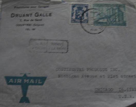 BELGIUM VINTAGE COVER -FRAGMENT-PART- TROUVE A LA BOITE AIRMAIL USA CHICAGO AD Ok.jpg