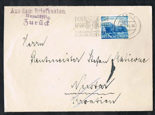 Briefvorderseite-25 Pf.-Mi Nr. 767-Aus dem Briefkasten-unzulässig-zurück-1941 Cara de la cubierta de los 25 767 Pf-Mi número del buzón de correo le permitió volver en 1941.jpg