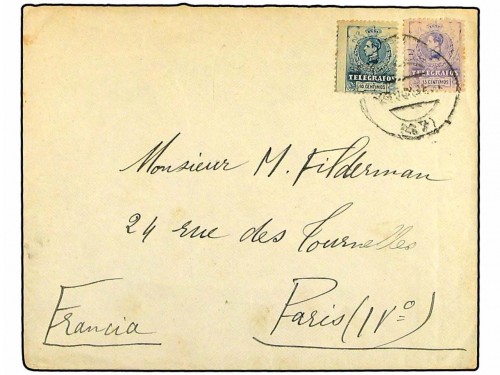 ESPAÑA. 1913. BILBAO a PARIS. Circulada con sellos de TELEGRAFOS de 10 cts. azul y 15 cts. violeta.jpg