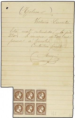 ESPAÑA. Ed.161(6). 1875 (Agosto). TELEGRAMA de TOLOSA a AZPEITIA con porte pagado con 6 sellos de 1 real castaño con taladro central, al dorso marca circular LINEAS TELEGRAFICAS DEL NORTE ESTACION DE AZPEITIA 1 Ok.jpg