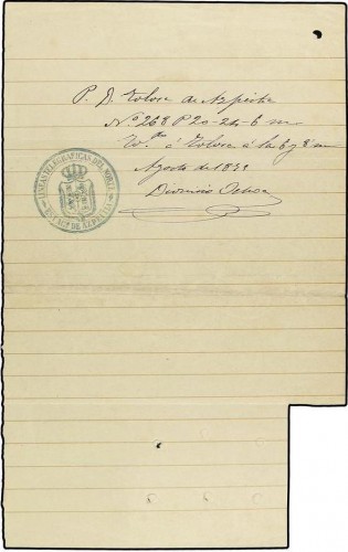 ESPAÑA. Ed.161(6). 1875 (Agosto). TELEGRAMA de TOLOSA a AZPEITIA con porte pagado con 6 sellos de 1 real castaño con taladro central, al dorso marca circular LINEAS TELEGRAFICAS DEL NORTE ESTACION DE AZPEITIA 2 Ok.jpg