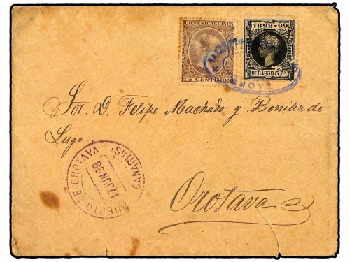 Buzon-Hotel ESPAÑA. Ed.219, 240. 1899. LA OROTAVA (Canarias). 15 cts. y 5 cts. de Impuesto de Guerra. Mat. ovalado TAORO-GRAN HOTEL-LA OROTAVA.jpg