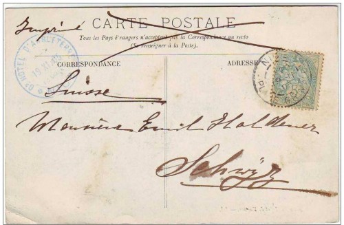 carte depostee DANS BOITE AUX LETTRES D' HOTEL , cachet GRAND HOTEL D' ANGLETERRE , NIORT Deux Sevres 1905.jpg