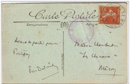 carte depostee DANS BOITE AUX LETTRES D´ HOTEL , cachet HOTEL DE FRANCE BLOIS , Loir et Cher 1931.jpg